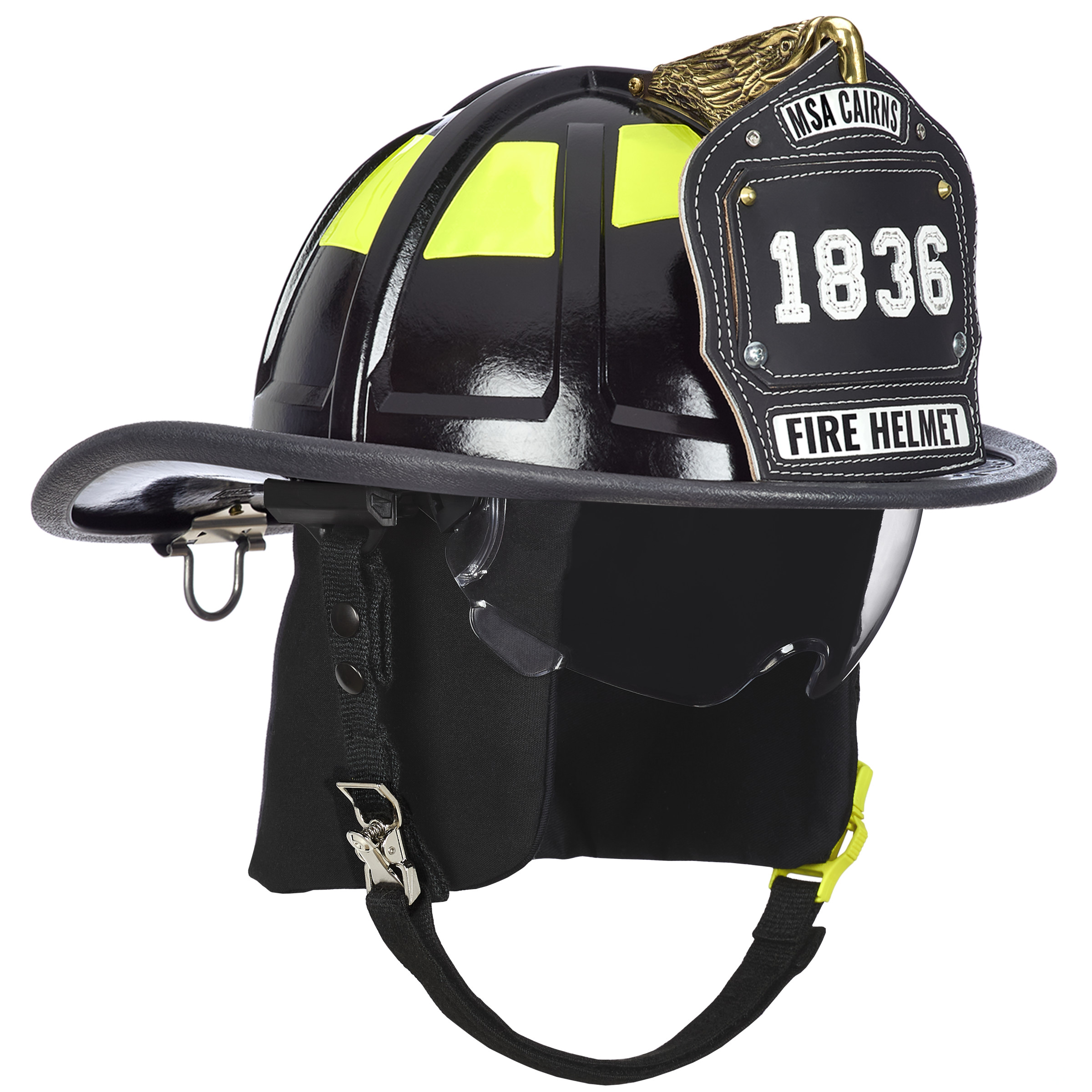 Cairns 1836 Black Fire Helmet, with standard liner, clear Defender Visor, Black Nomex earlaps, 6" carved eagle, Reflexite lime yellow